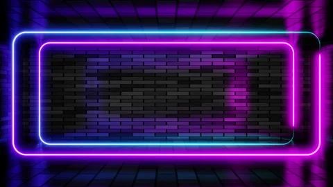 Double neon frame purple and cyan lights motion loops square on brick wall Stock Footage 265197633