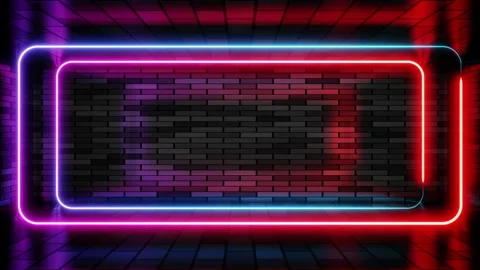 Double neon frame red and blue lights motion loops square on brick wall Stock Footage 265197696