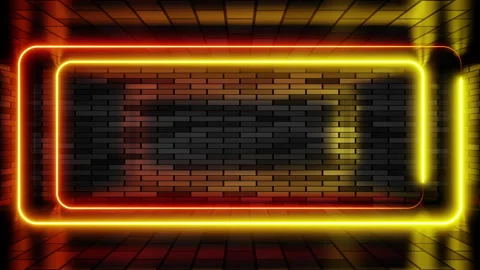 Double neon frame yellow and red lights motion loops square on brick wall Stock Footage 265197613