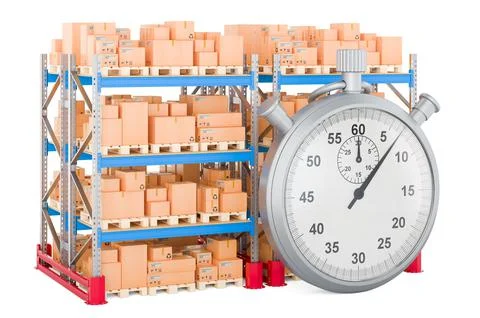 Double pallet rack with parcels and stopwatch. 3D rendering Stock Illustration