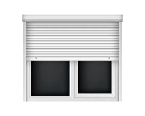 Double plastic window with half open blind. Realistic white roller shutter for 스톡 일러스트