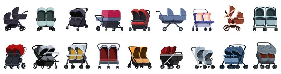 Double pram icons set. Double strollers in various colors and configurations, Stock Illustration
