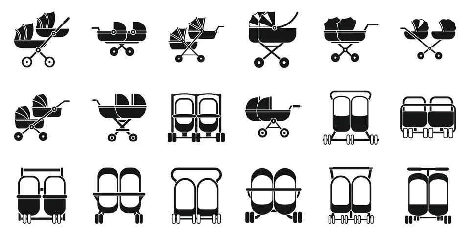 Double pram icons set. Double baby stroller representing parenthood, childh.. Stock Illustration