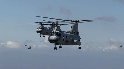 Double propeller helicopters being tested by US marines. Stock Footage 104714799