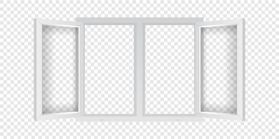 Double PVC window mockup template. Realistic plastic window with open casements Ilustración de archivo