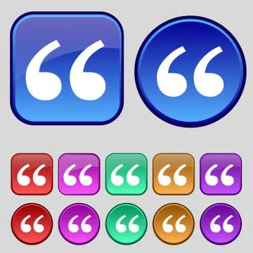 Double quotes at the beginning of words icon sign. A set of twelve vintage butto Stock Illustration