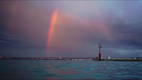 Double rainbow after storm on coast of Adriatic Sea island in Croatia Stockbeeldmateriaal 277632914