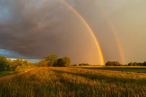 A double rainbow against a dark cloud over a meadow Stock Photos
