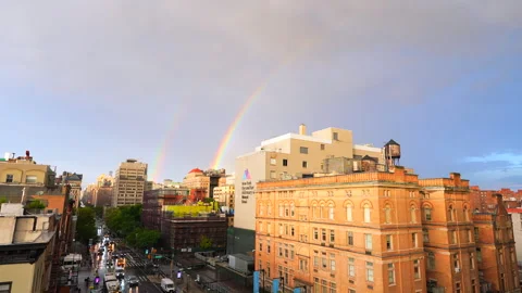 Double Rainbow appears over the East Village Cityscape in New York City Stock-Footage 250413428