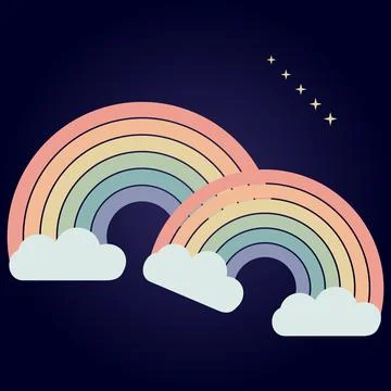 Double rainbow arch with fluffy clouds and glowing stars in night sky for f.. Stock Illustration