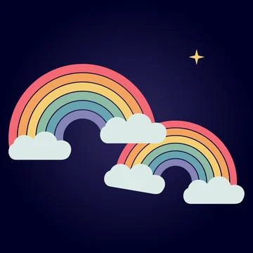 Double rainbow flat illustration with soft clouds and shining star on dark .. Иллюстрация