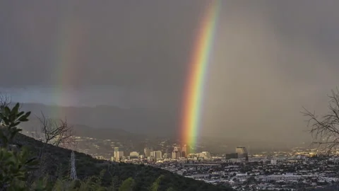 Double Rainbow over Burbank, Universal City, Los Angeles, Timelapse 4k Stock Footage 130984435