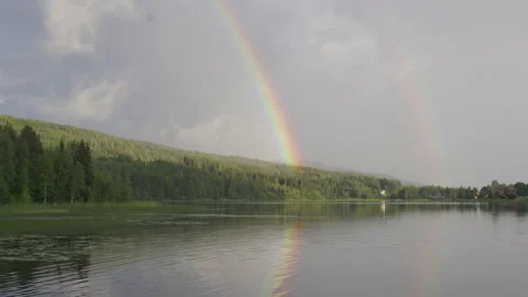 Double rainbow over a lake reflected in the water Stock Footage 158802440