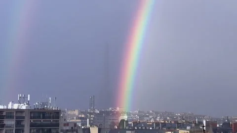 Double Rainbow Over Paris Skyline After Storm Stock Footage 338107233