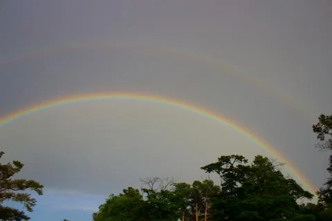 Double rainbow over tree line in Augusta, Georgia Stock Photos