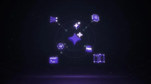 Double ring of metal language model icons counter rotating around a spark co Video stock 342758921