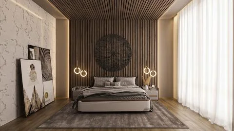 Double room interior design with modern furniture and wall design artwork a.. Stock-Illustration