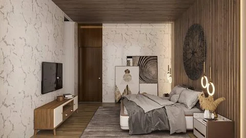 Double room interior design with modern furniture and wall design artwork a.. Stock-Illustration