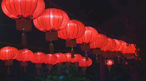 Double row lanterns at night Stock Footage 36691142
