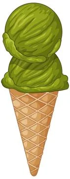 Double Scoop Green Tea Matcha Ice Cream in a Waffle Cone Stock Illustration