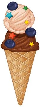 Double Scoop Ice Cream Cone with Blueberries and Star Sprinkles Stock Illustration