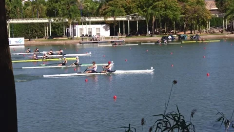 Double sculls launch into World Cup heat Stockbeeldmateriaal 336098872