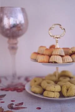 Double Serving Plate with Agate Handle and Islamic desserts Eid al Fitr Stock Photos