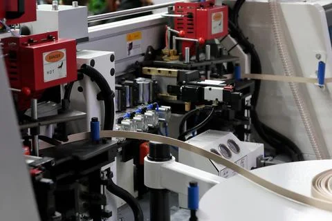 Double side automatic edge banding machine closeup Stock Photos