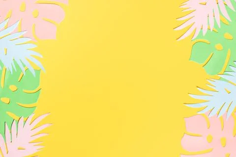 Double-sided border made of paper cut monstera and palm leaves. Stock Photos