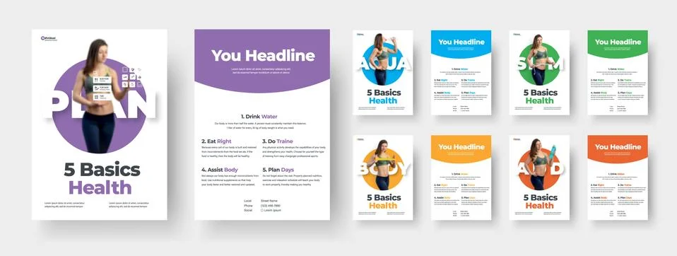 Double-sided leaflet template with colored circles and a girl on a white back Stock Illustration