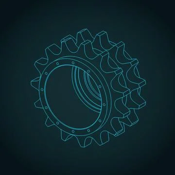 Double sprocket chain wheel isometric blueprint Stock Illustration