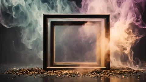 A double, square standing gold frame around dry ice, smoke and scattered go.. Stock Footage 273954681