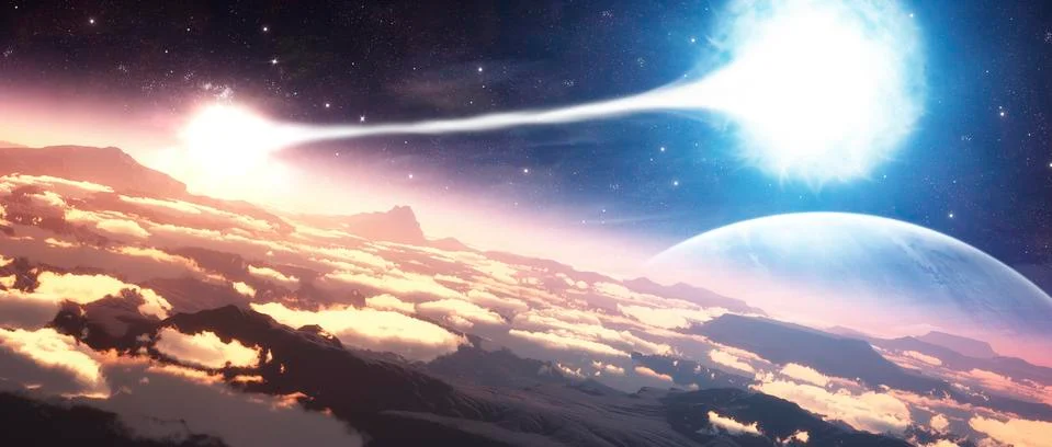 A double star system as seen from a circling planet. 스톡 일러스트
