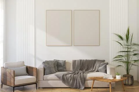 Double Thin Vertical Wooden Frame Mockup with Minimalist Design on Light Wa.. Stock Illustration