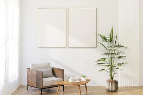Double Thin Vertical Wooden Frame Mockup with Minimalist Design on Light Wa.. Stock Illustration
