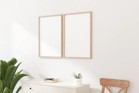 Double Thin Vertical Wooden Frame Mockup with Minimalist Design on Light Wa.. Illustrazione stock