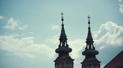 Double Tower of Church with Clouds in Sunset Stock Footage 49970491