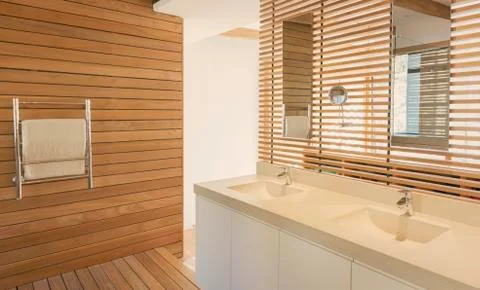 Double vanity sinks in modern, luxury home showcase interior bathroom Stock Photos