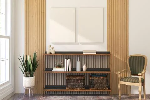 Double Vertical Frameless Canvas on Light Wall in Modern Interior. 3D Render. Illustrazione stock