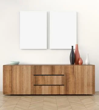 Double Vertical Frameless Canvas on Light Wall in Modern Interior. 3D Render. Illustrazione stock