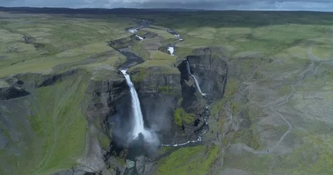 Double Waterfall in Cliffs (Aerial Drone View) - Háifoss, Iceland Stock Footage 84179749