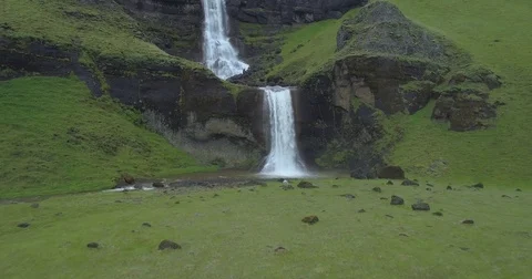 Double Waterfall Fly Over (Aerial Drone View) - Iceland Stock Footage 84179740