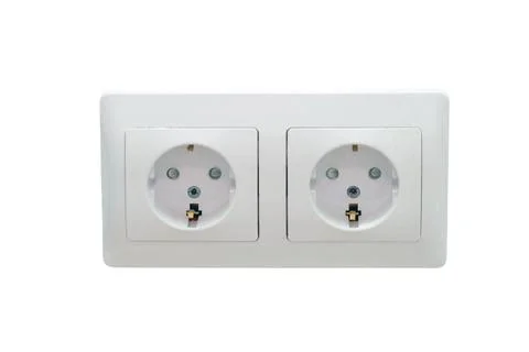 Double white electrical wall outlet isolated on white background. Household p Stock Photos