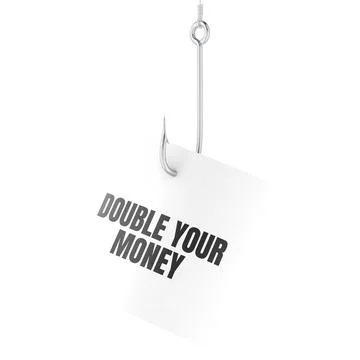 Double Your Money, note on fish hook. Phishing and bait, concept. 3D renderin Stock Illustration