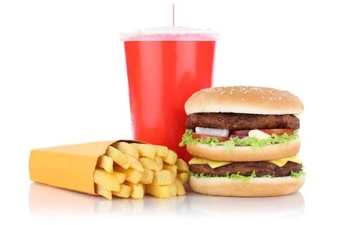 Doubleburger Double Burger Hamburger Menü mit Pommes Frites Getränk Fast F. Stock Photos