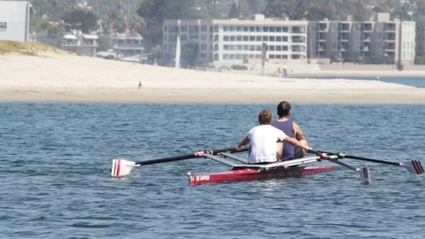Doubles Rowers Glide Along Bay Waters in San Diego Stock Footage 108744935