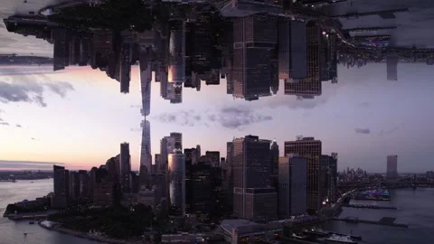 Doubling mirror effect, dramatic, sunset metropolis city reflection - CGI Stock Footage 264737751
