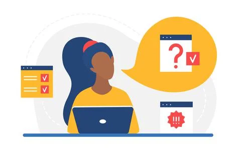 Doubt certainty, clarification of work information woman working with laptop Stock Illustration