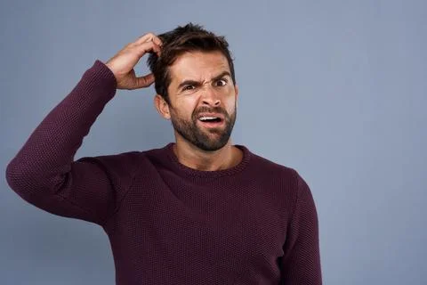 Doubt, confused and portrait of man with puzzled, uncertain and scratch head on Stock Photos