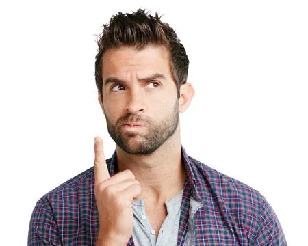 Doubt, thinking and question with man in studio for decision, remember or p.. Stock Photos